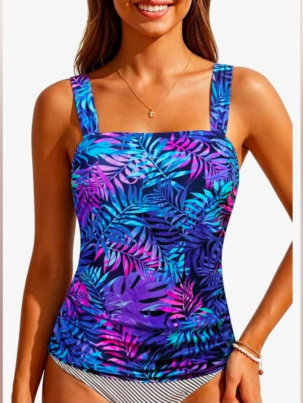 Younique Tropical Tankini Top Tummy Control Ruched Wide Straps Size L